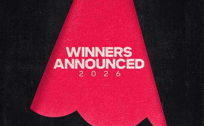 A black textured background with a cutout of a pink pencil. text reads: Winners Announced 2026, Young Playwrights Award